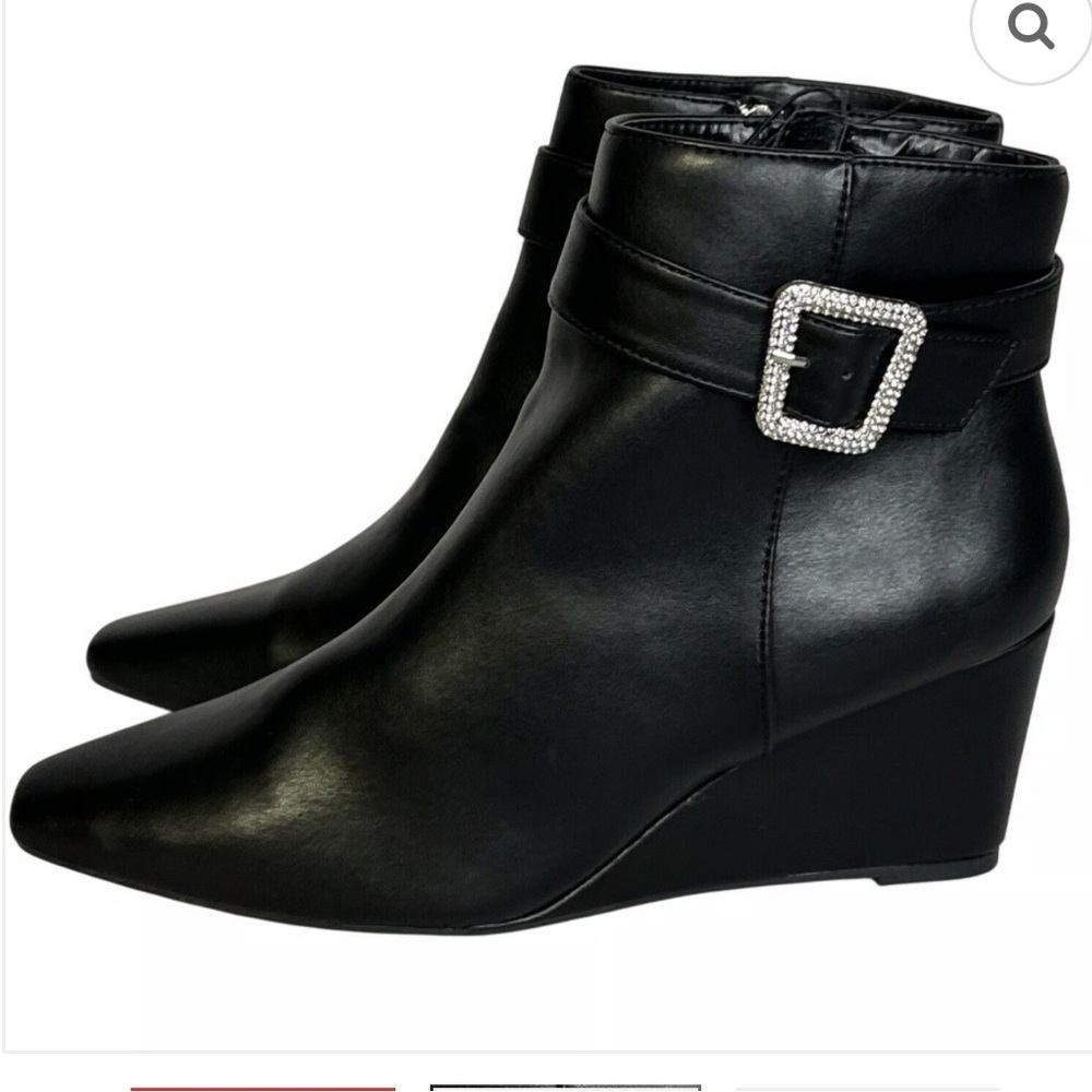 Jones New York Black Leather Wedge Ankle Boots with Rhinestone Buckle